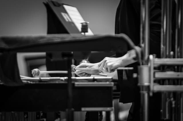 Close-up of a percussionist's hands holding mallets over a mallet keyboard instrument